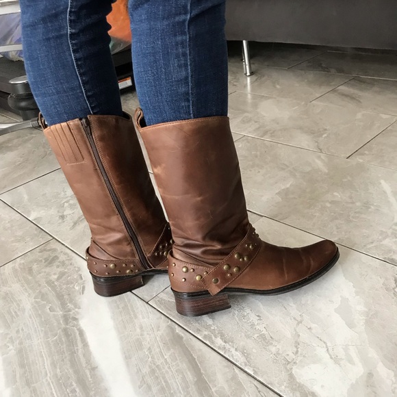 BROWN Leather Studded Strap Mid Calf Boots | Women |  7 - Picture 2 of 16